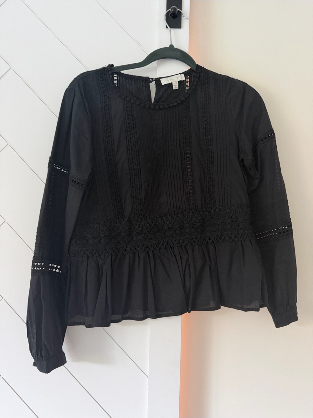 Anthropologie Eri &Ali Black Lace-Trim Peplum Blouse - Long Sleeve